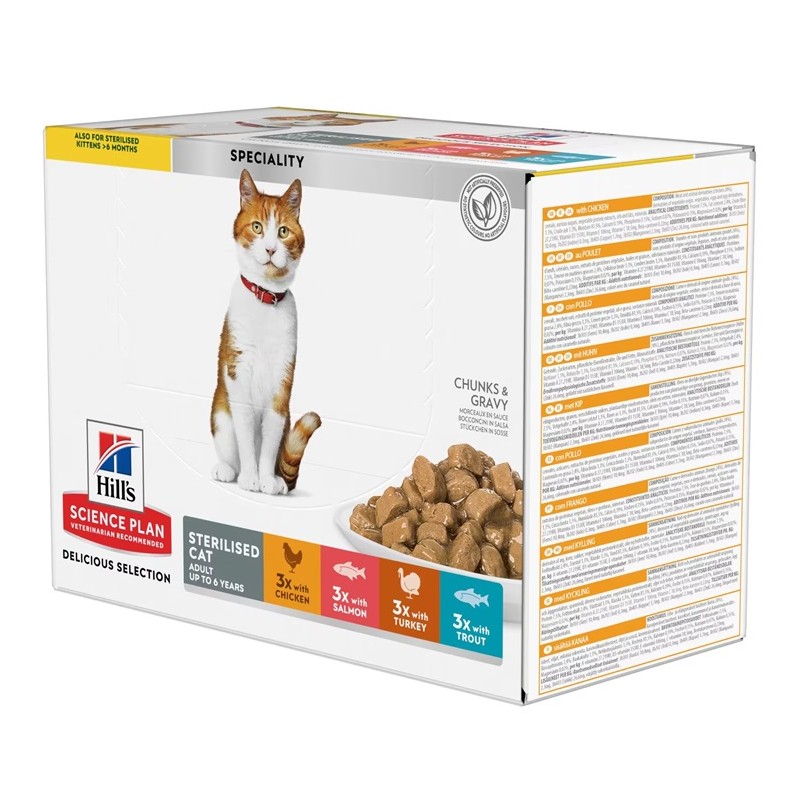 Hill's Science Plan Feline Delicious Selection STERILISED 4 saveurs - en sauce - sachet 12x85g