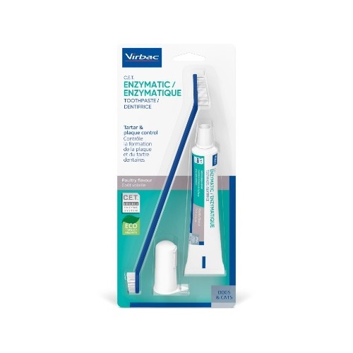 Kit Dentaire avec un tube 70g de dentifrice enzymatique C.E.T. Virbac goût volaille, doigtier + brosse-à-dents